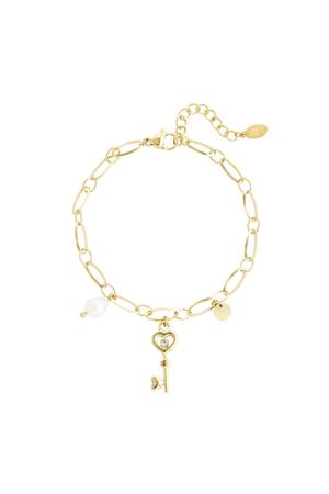 Link bracelet key charm & pearl Gold Stainless Steel h5 