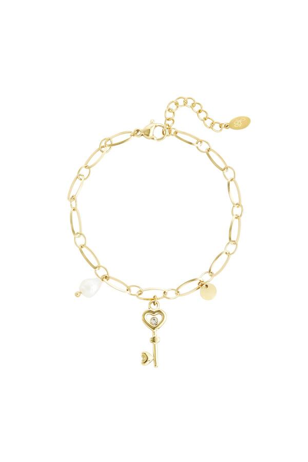 Link bracelet key charm & pearl