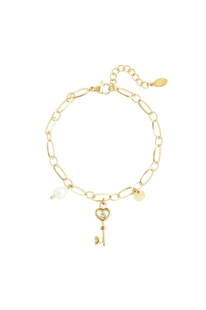 Link bracelet key charm & pearl Gold Stainless Steel 