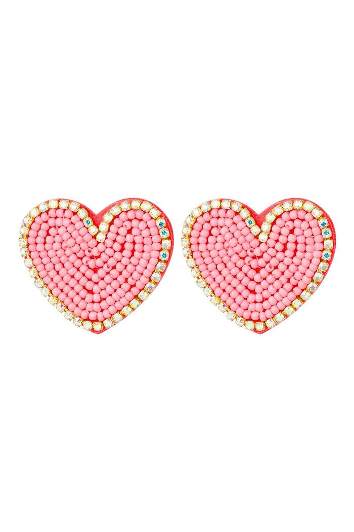 Beaded earrings heart with rhinestones Pink Glass 