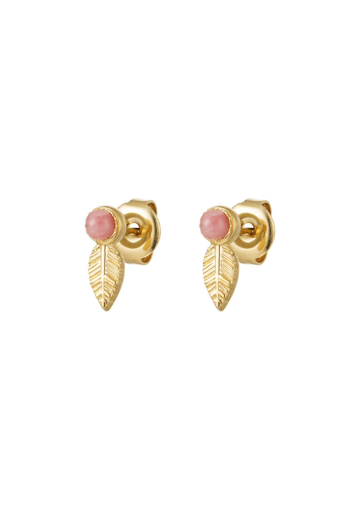 Yaprak ve taş kulak çıtçıtları - Natural stone collection Pink &amp; Gold Stainless Steel
