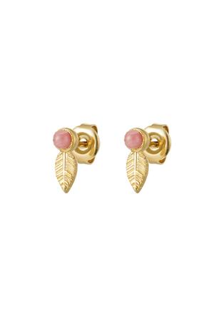 Ear studs leaf & stone - Natural stone collection Pink & Gold Stainless Steel h5 