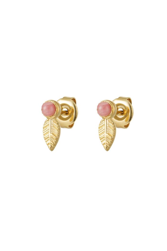 Ear studs leaf & stone - Natural stone collection Pink & Gold Stainless Steel 