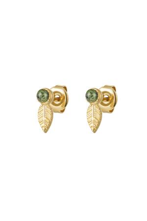 Clous d'oreilles feuille & pierre - Collection pierres naturelles Vert & Or Acier inoxydable h5 
