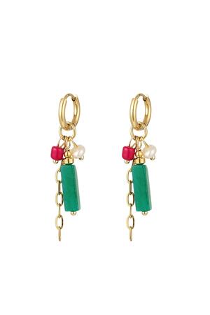 Earrings rectangular stone and beads Green & Gold Stainless Steel h5 