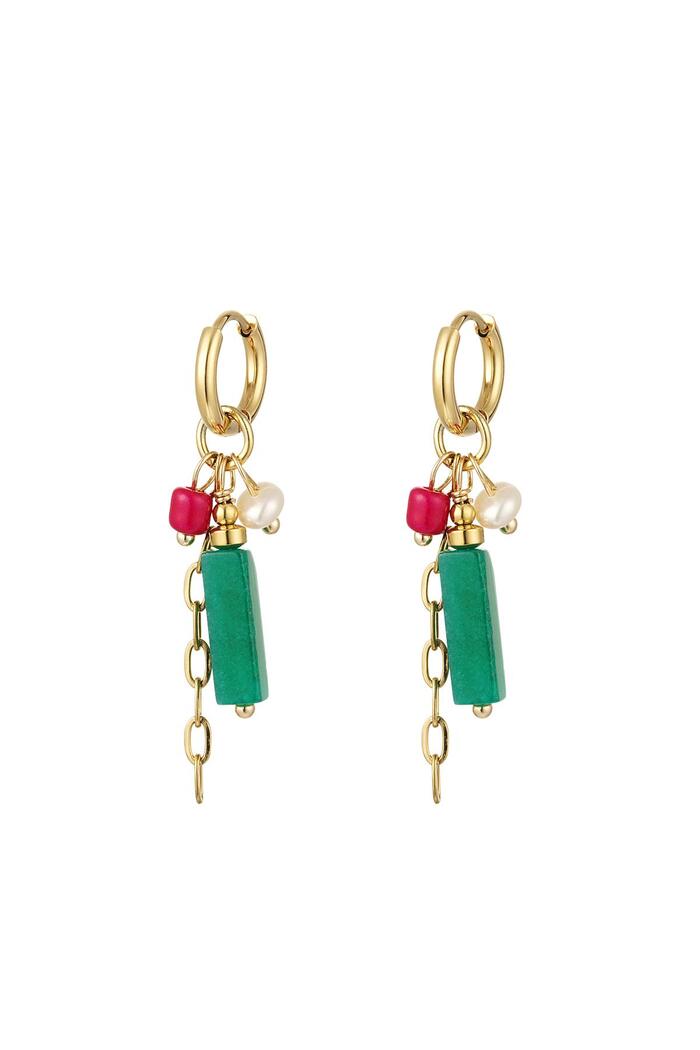 Earrings rectangular stone and beads Green & Gold Stainless Steel 