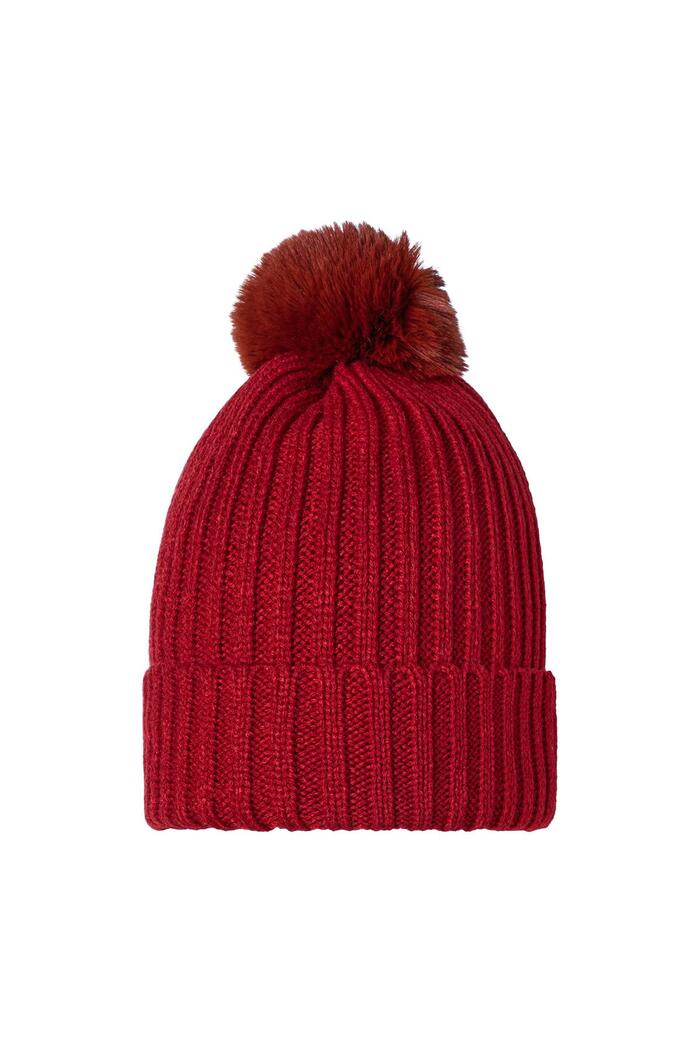 Mütze Furry Pompon Rot Acryl 