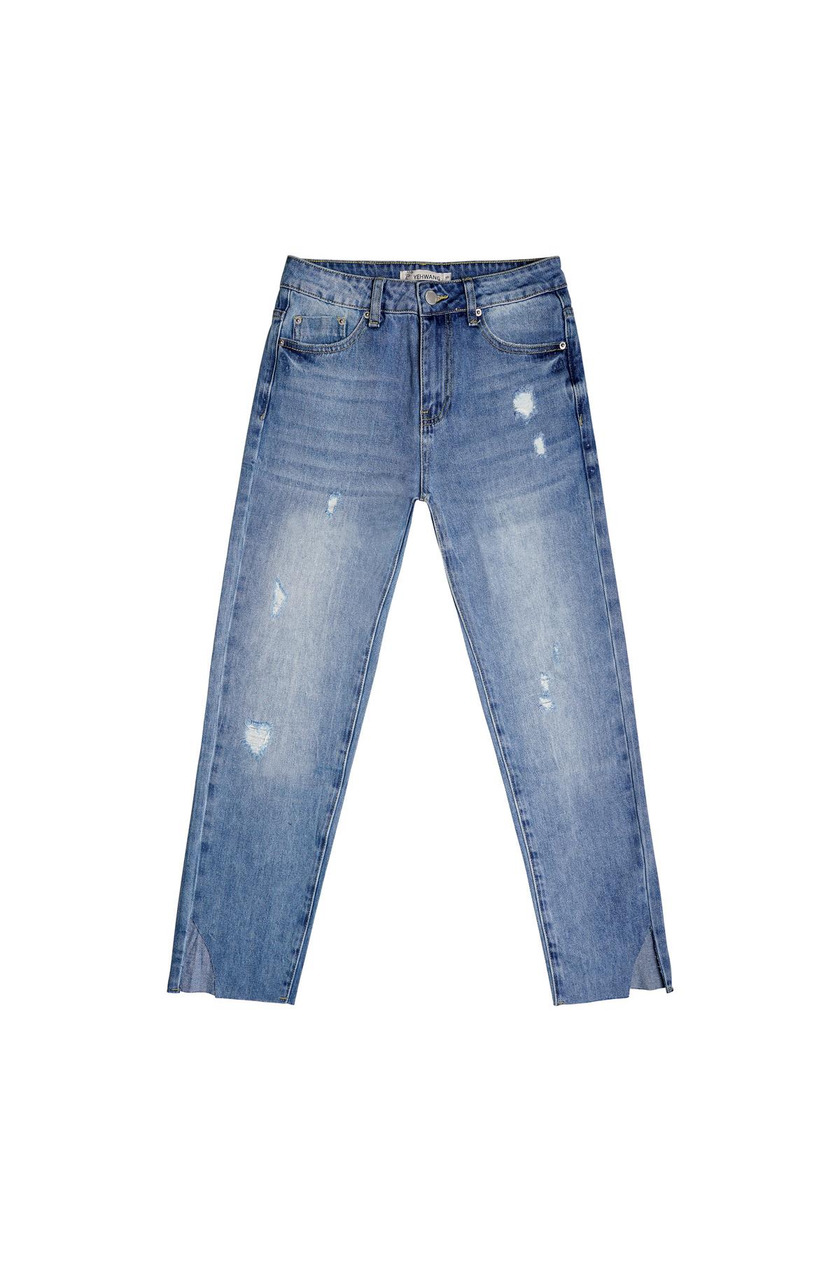 Enkellange jeans met splitzomen en versleten details Blauw XS