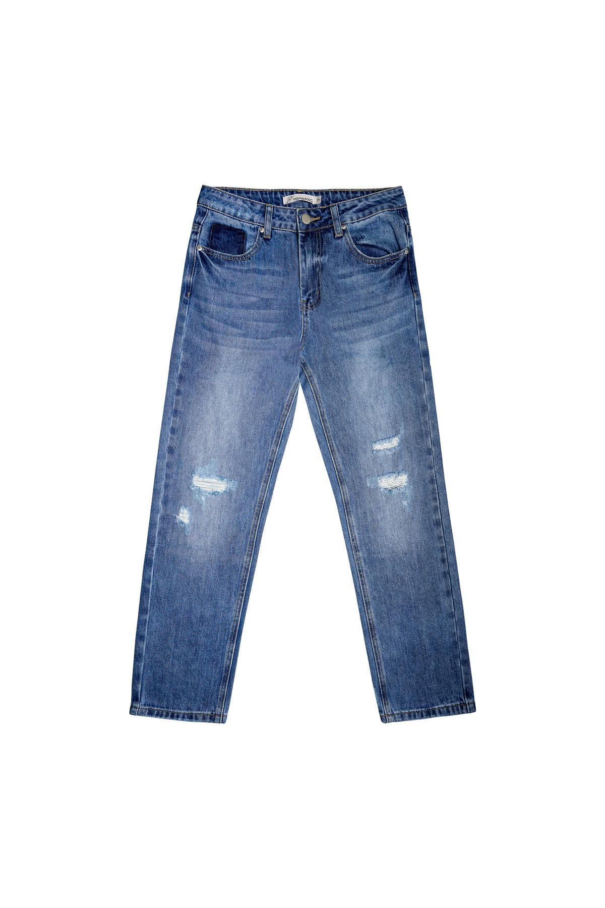 Enkellange jeans met versleten details Blauw XS