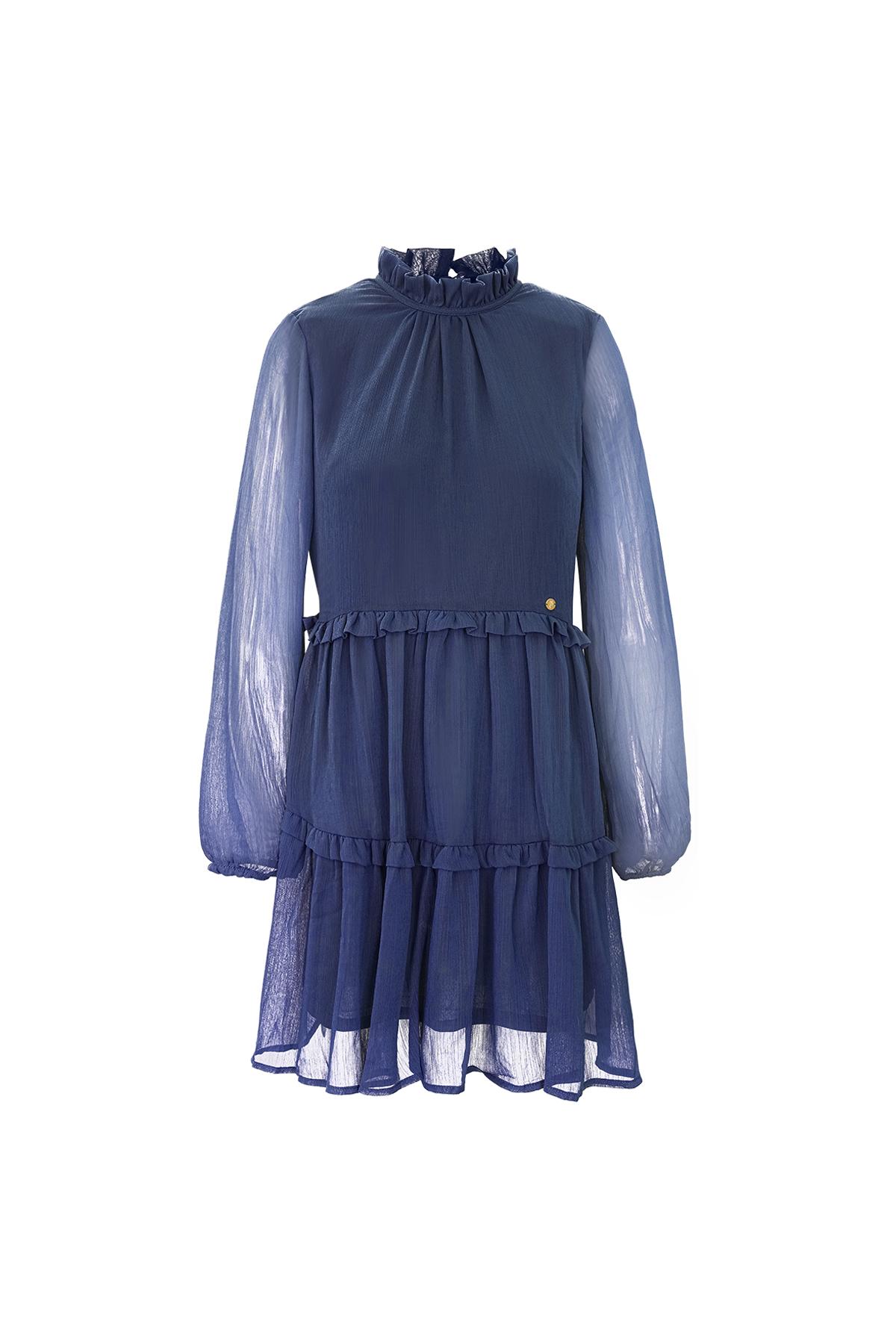 Kleid aus Chiffon mit Rüschen Blau S