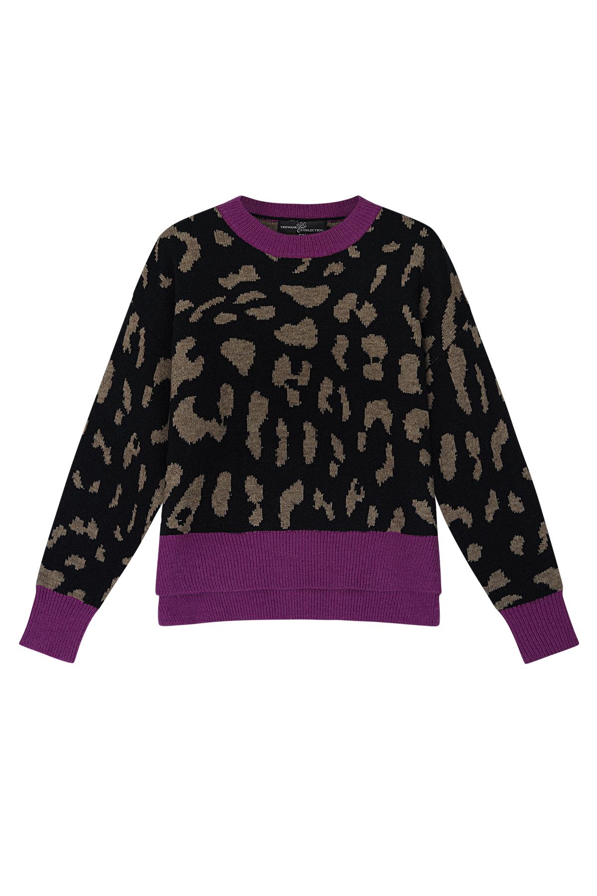Pullover mit Leopardenmuster und lila Kragen Schwarz &amp; Beige S/M