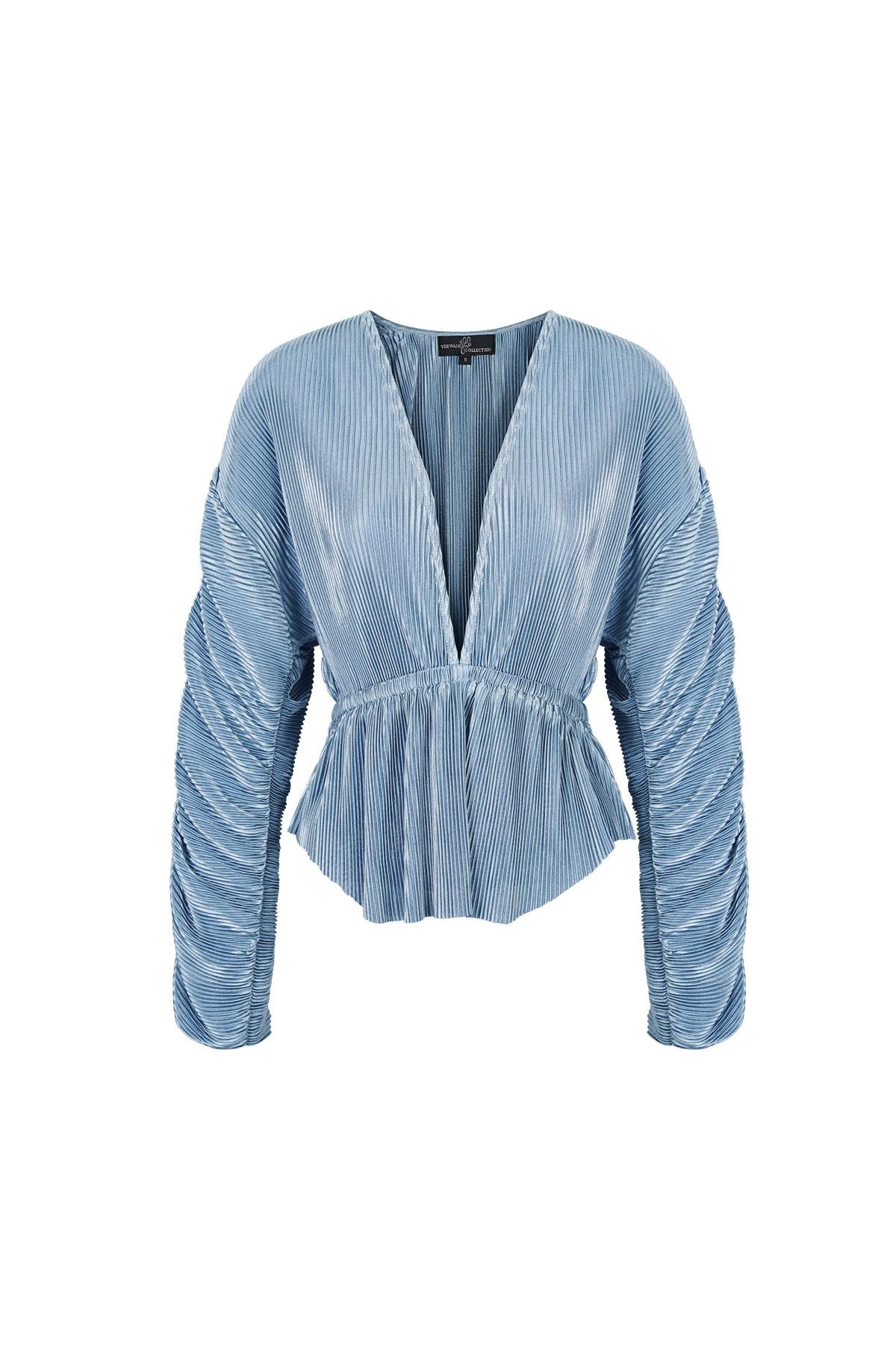 Blusa con struttura a costine e maniche plissettate Blue M 2