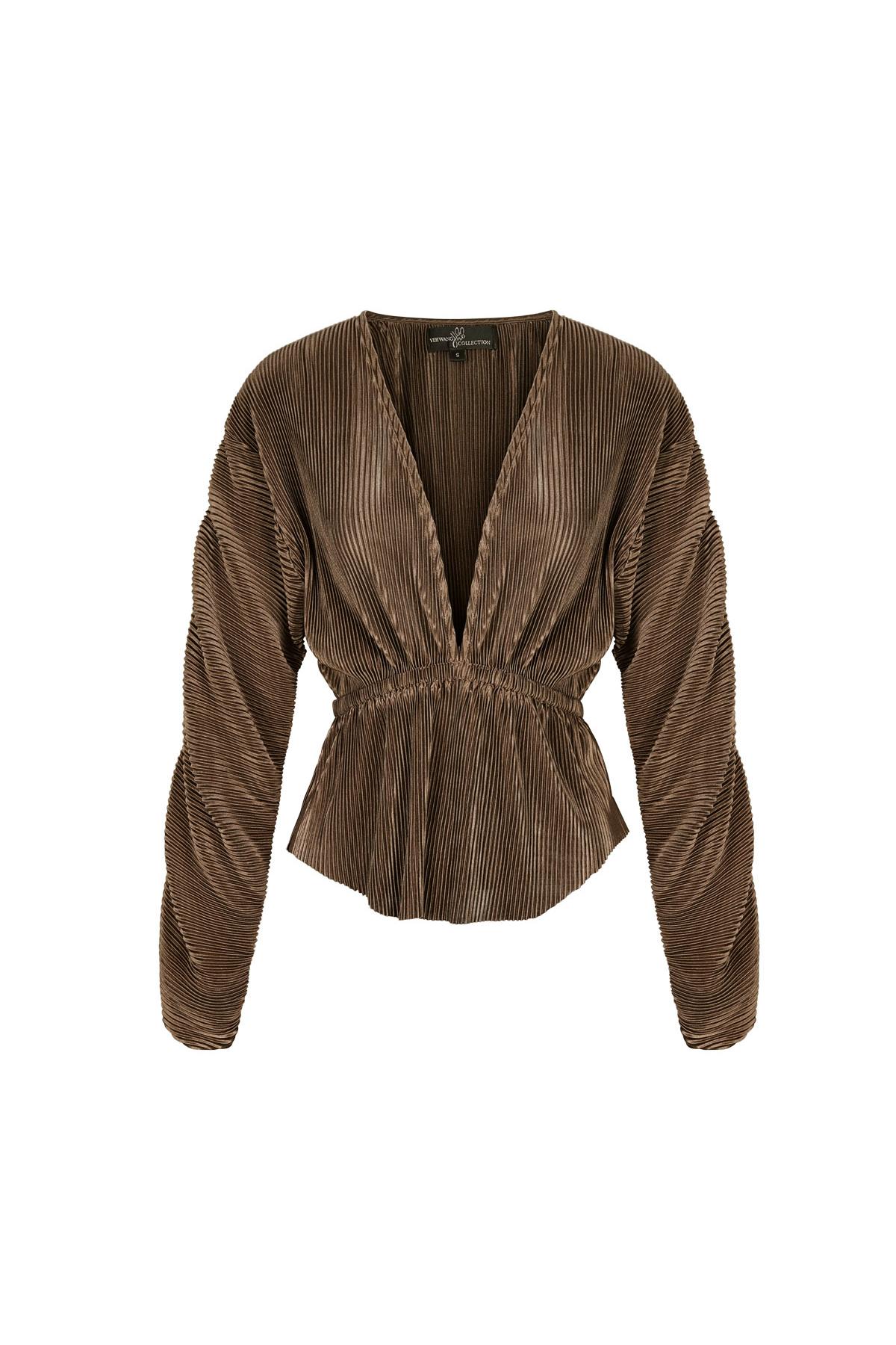 Blouse with rib structure and pleated sleeves Brown M 