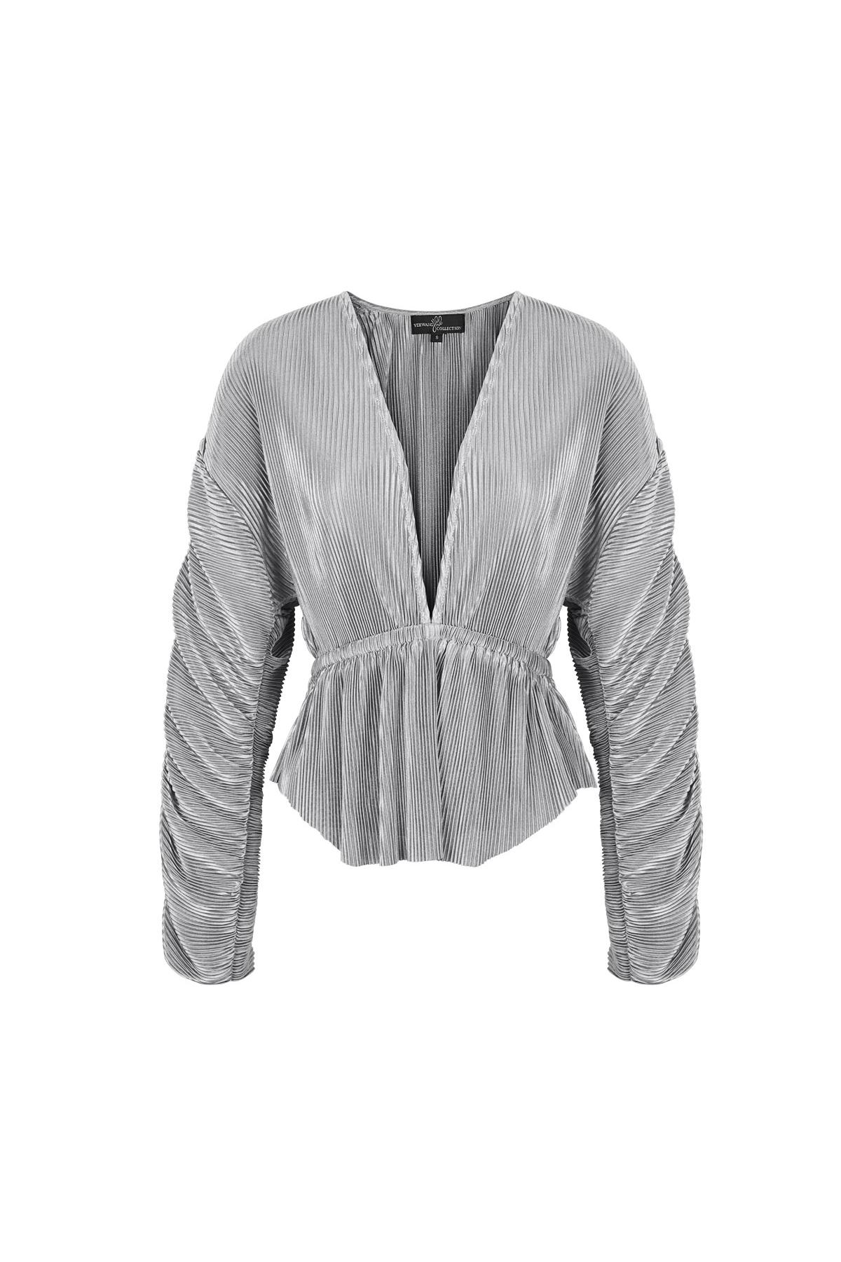 Blouse with rib structure and pleated sleeves Grey S