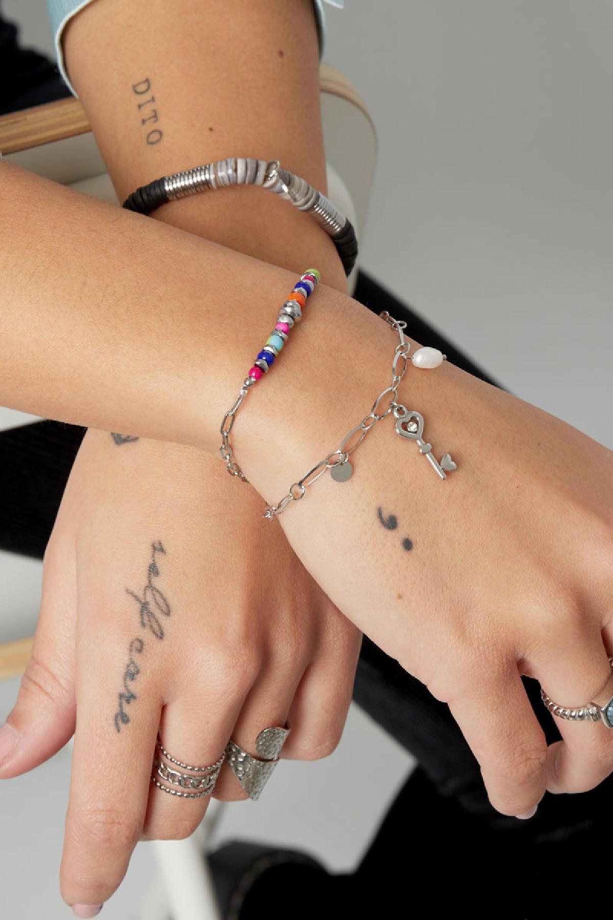 Bracelet lien breloque clé &amp; perle Argenté Acier inoxydable