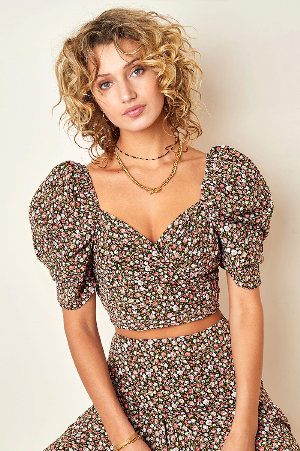 Top corto con frunce, mangas abullonadas y estampado floral Amarillo M