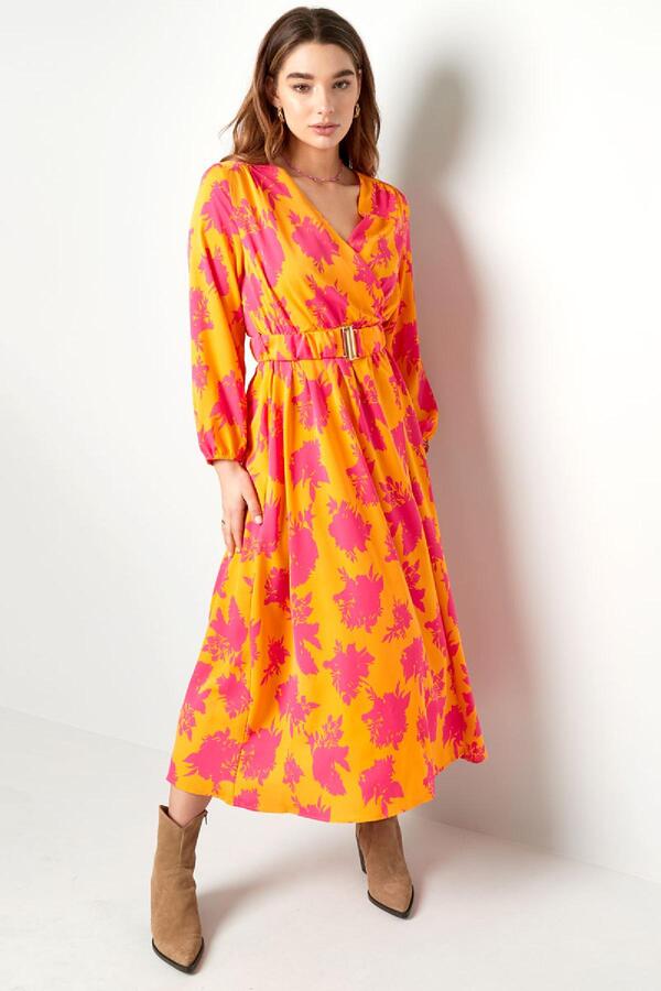Maxi dress colorful print with belt Fuchsia & Yellow L