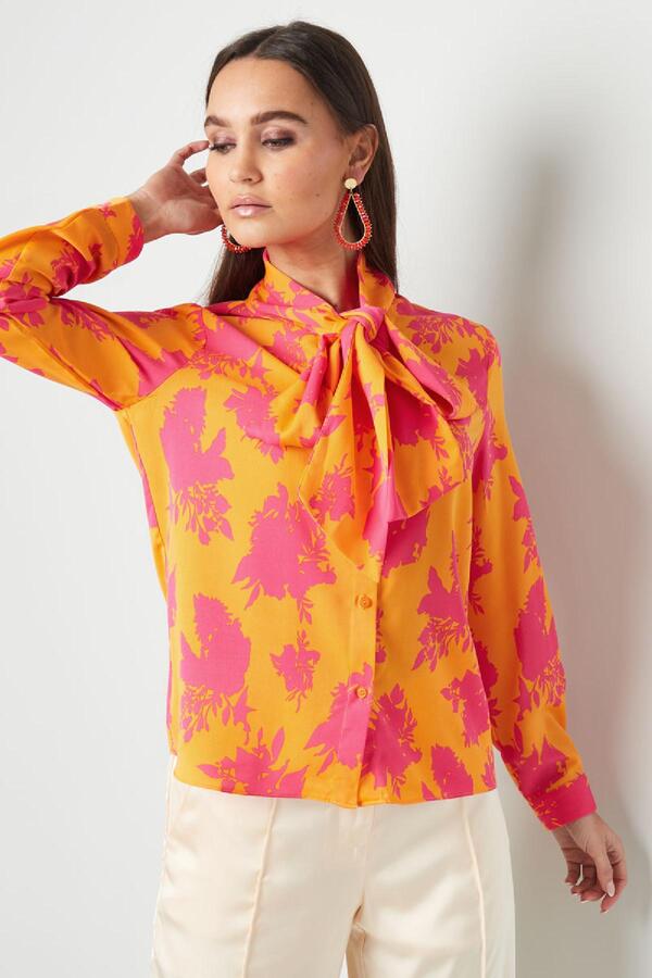 Blouse with tie collar colorful print Fuchsia & Yellow M